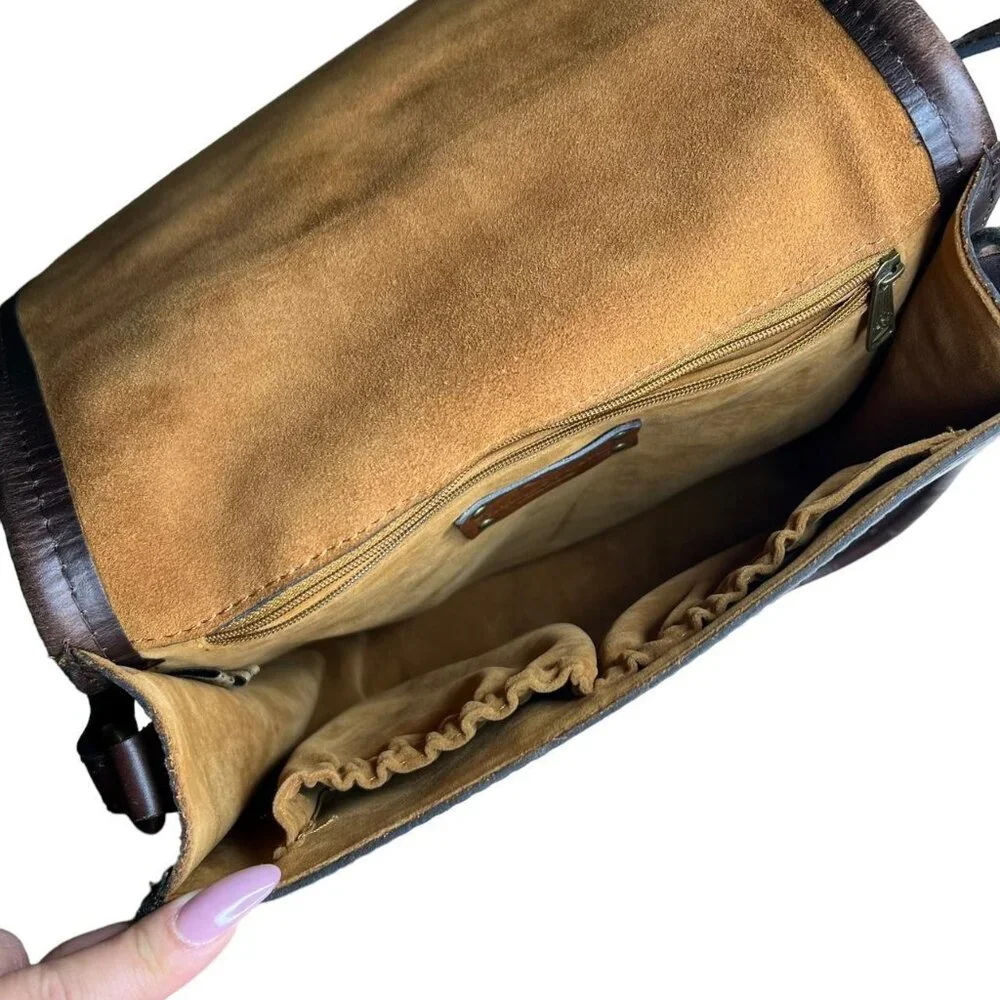 Patricia Nash Salerno Shearling Fur Saddle Crossbody Bag‎ Chocolate Brown Boho